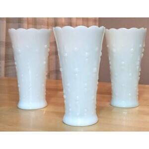 THREE Milk Glass Hobnail Trumpet Flower Vases,Mid Century Farmhouse Cottage Chic